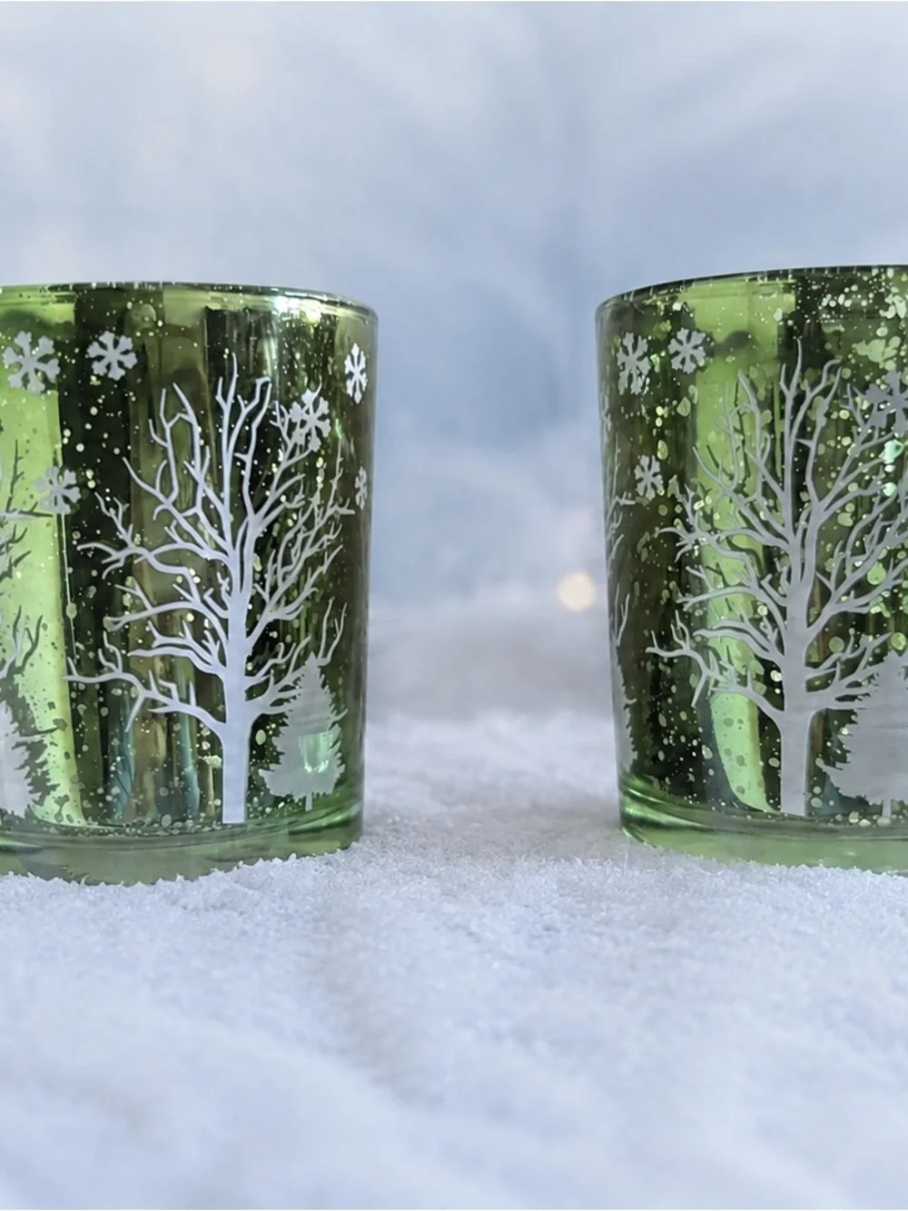 Set of 2 Green Glass Winter Forest Votive Candle Holders